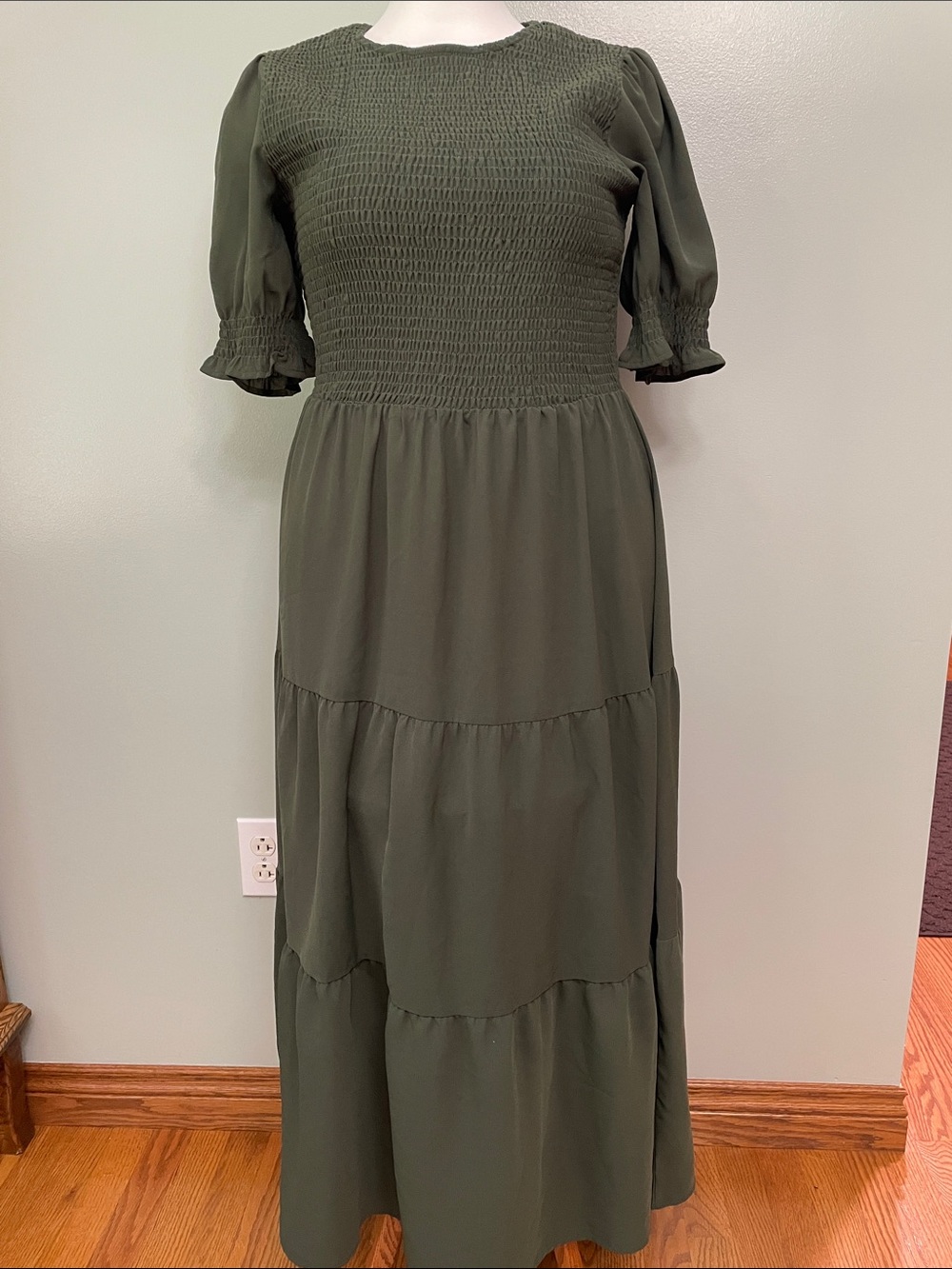 Smocked Puff-Sleeve Maxi Dress in Olive Green large.